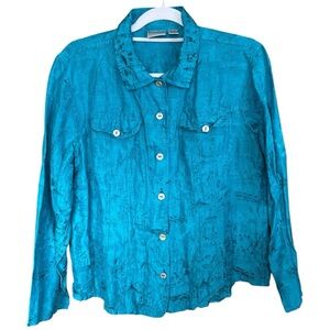 Chicos Blue Artsy Scenic Buttoned Jacket Blouse Linen Silk Blend Size Large
